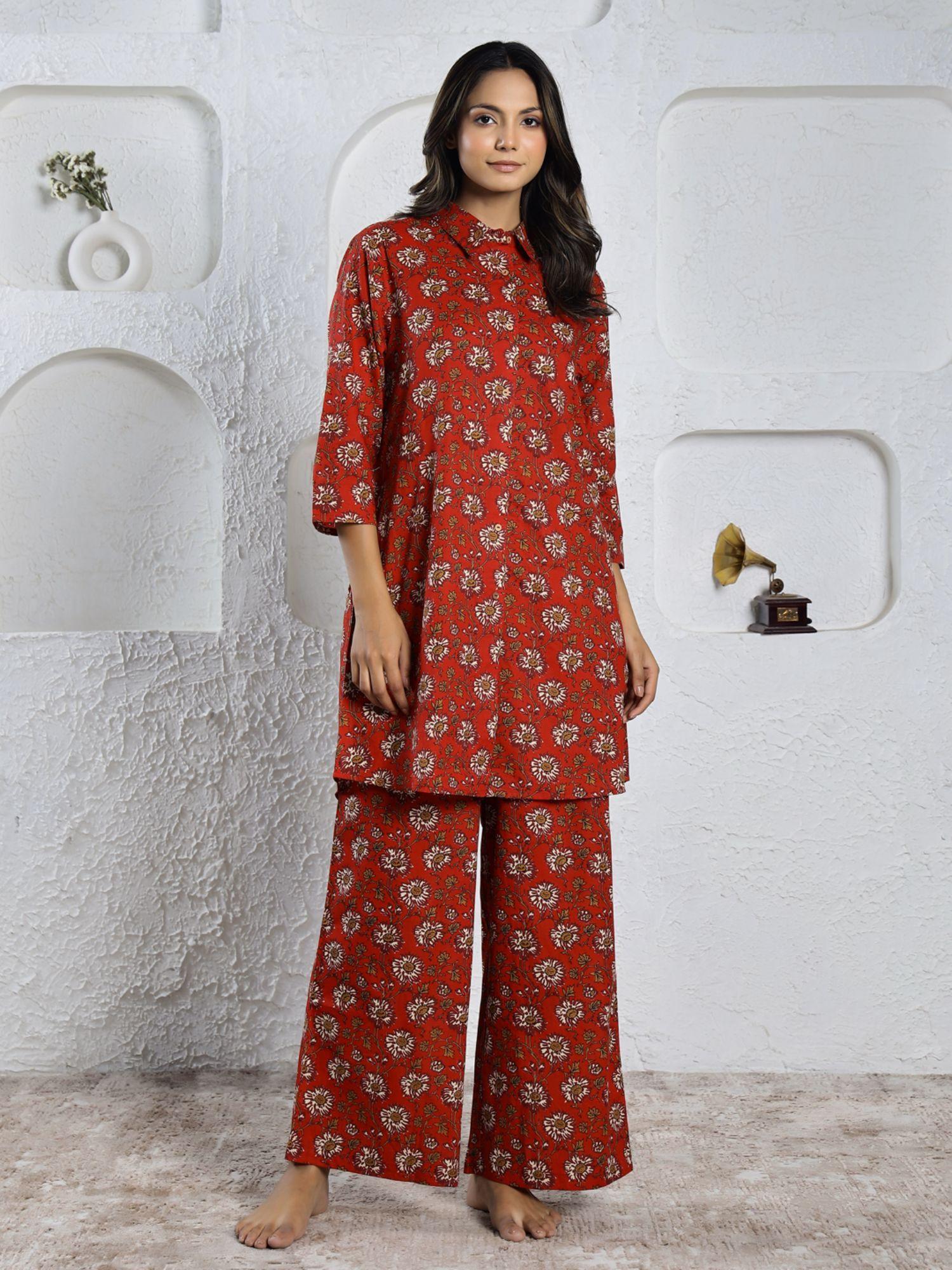 red color printed women pure cotton kurti & pyjama night suit (set of 2)