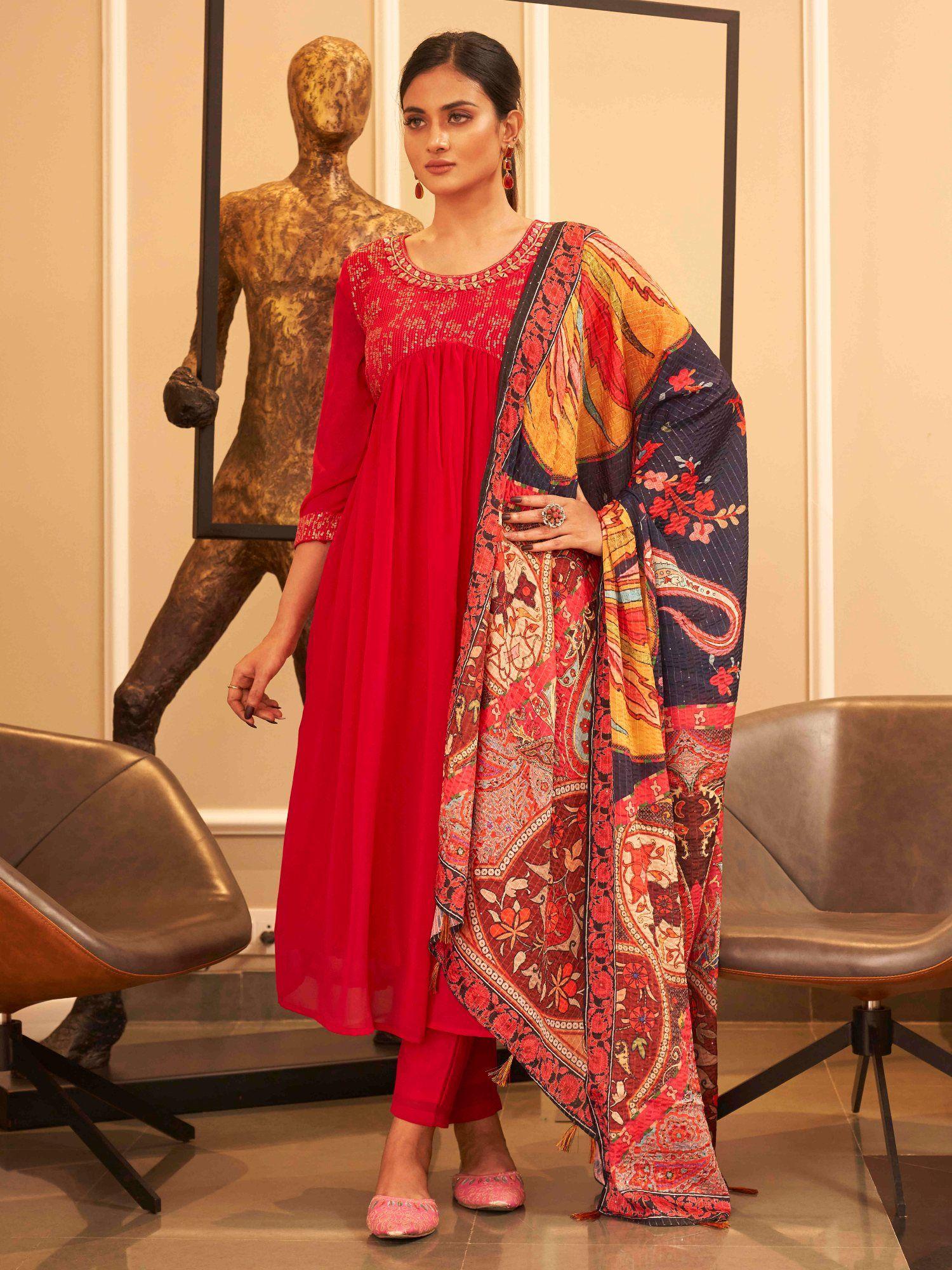 red color sequins with mirror work alia cut anarkali kurta (set of 3)