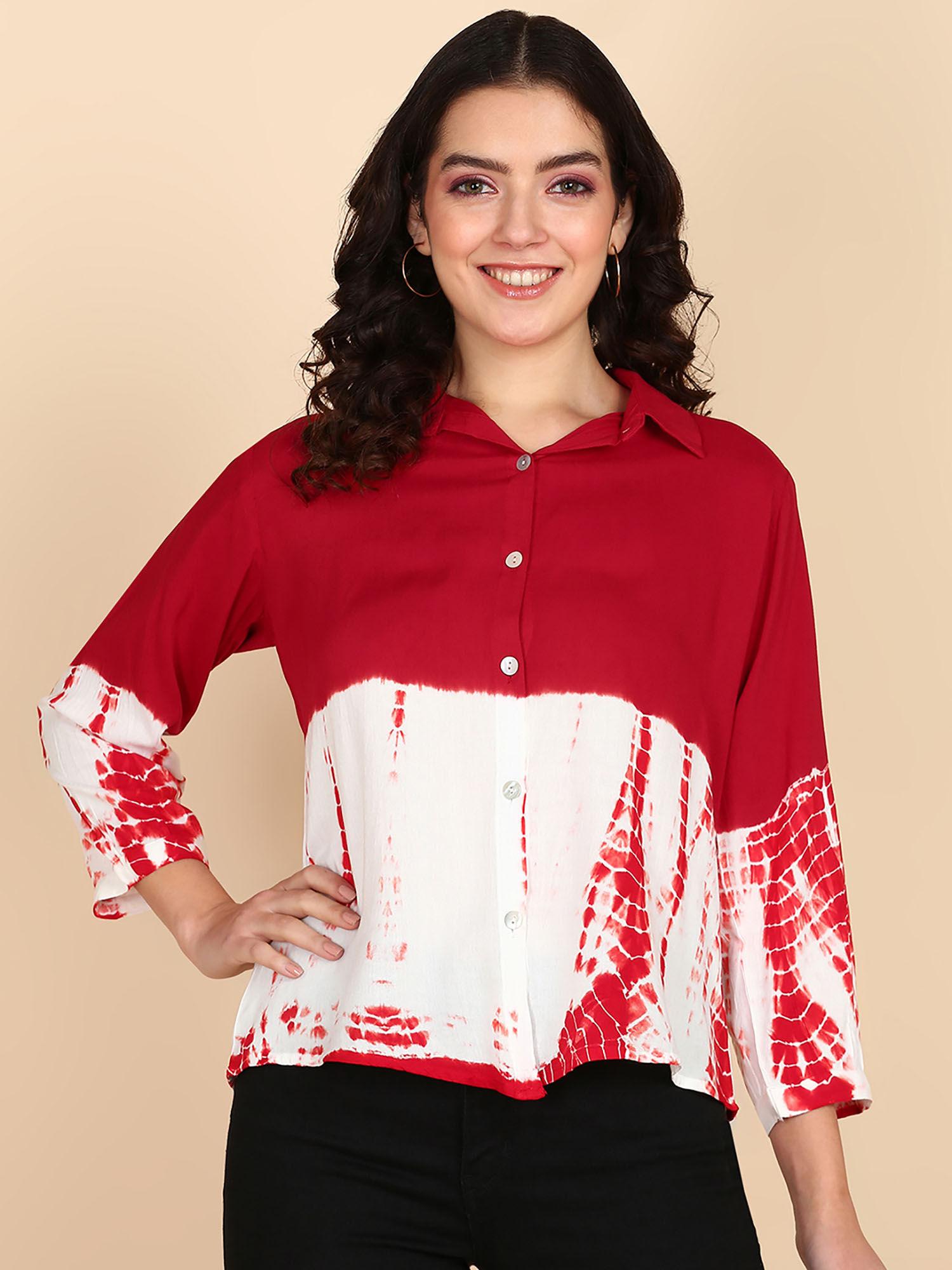 red colorblock rayon staple collar shirt