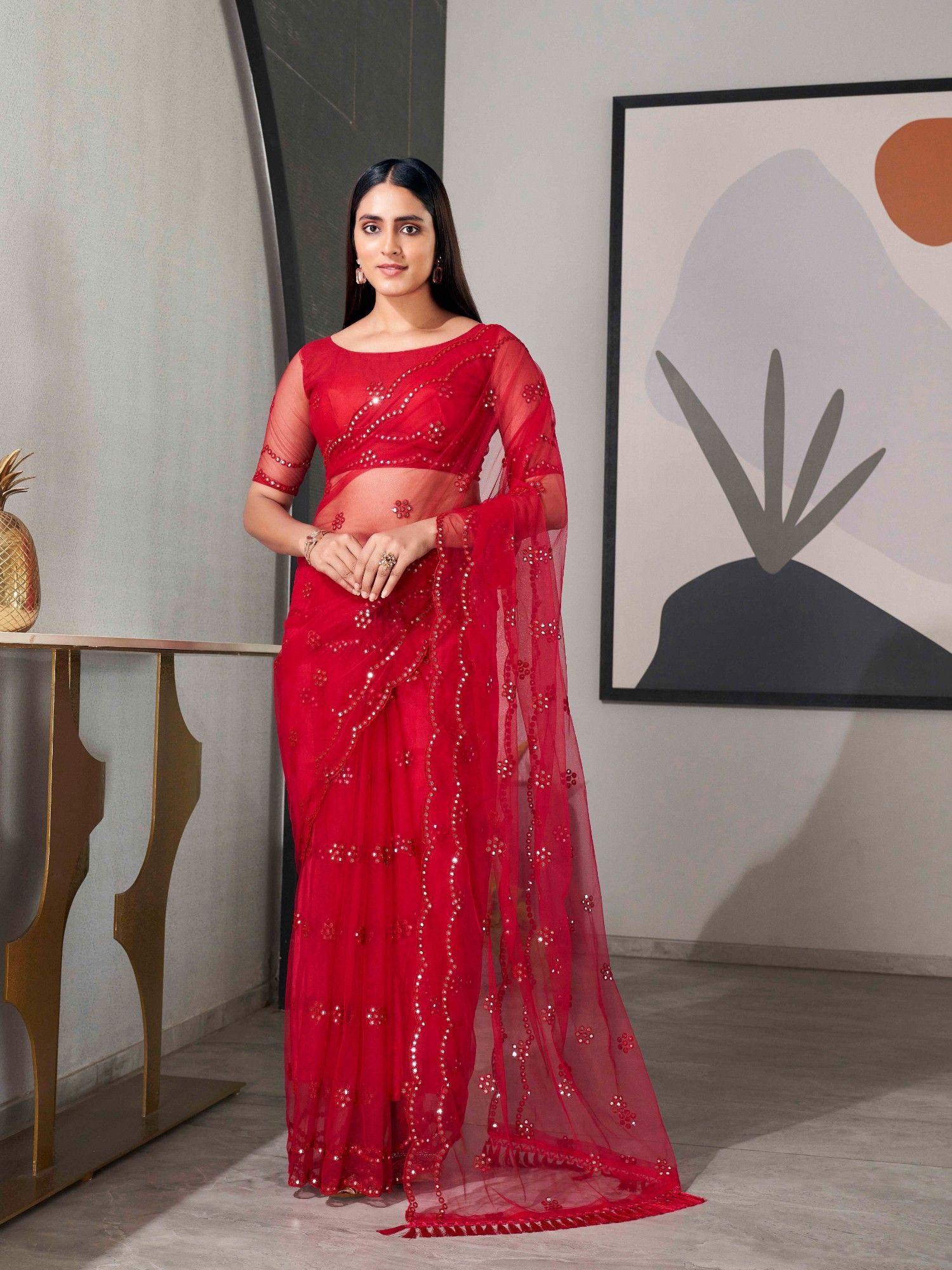 red colored net mirror embroidery saree unstitched blouse