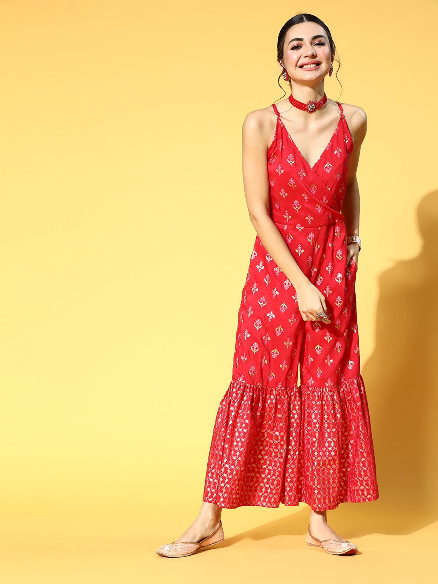 red colour foil print basic jumpsuit