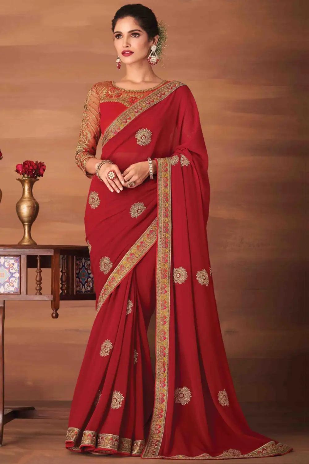 red colour georgette silk saree with embroidery work