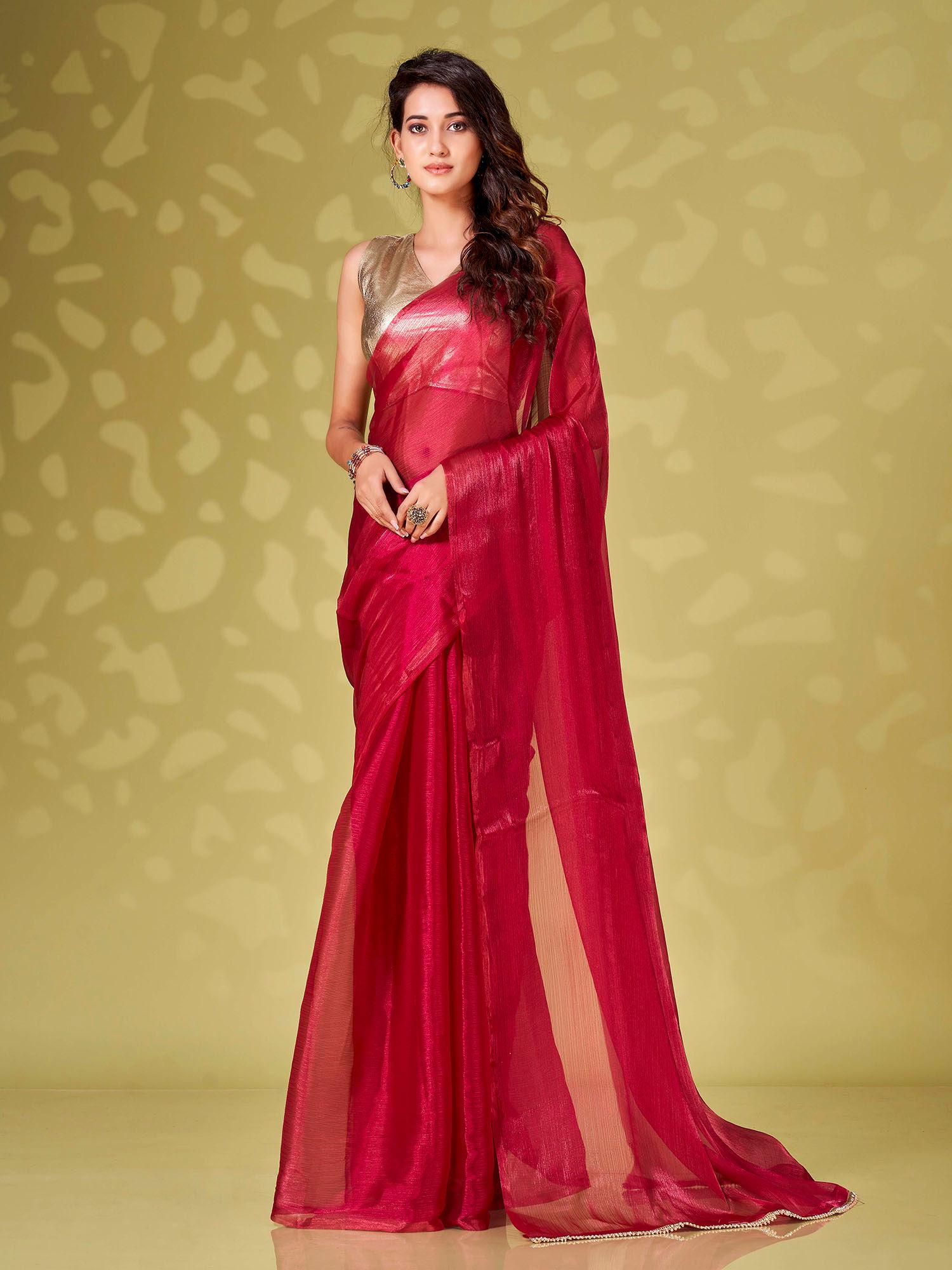 red colour organza solid saree with stitched blouse