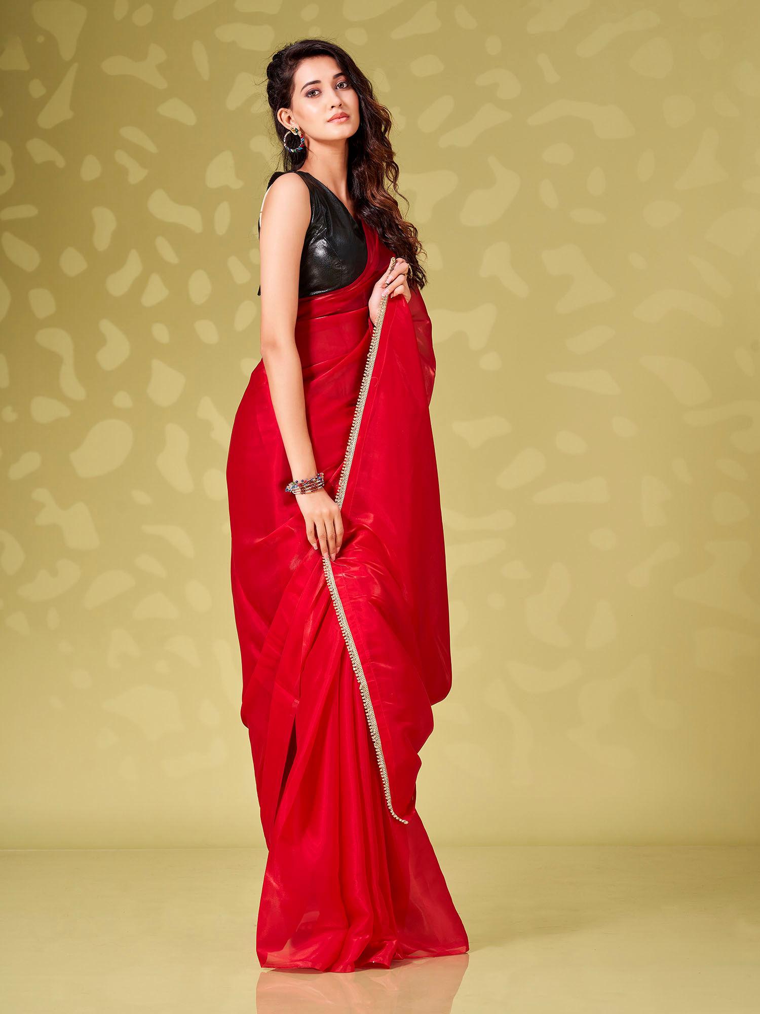 red colour organza solid saree with stitched blouse