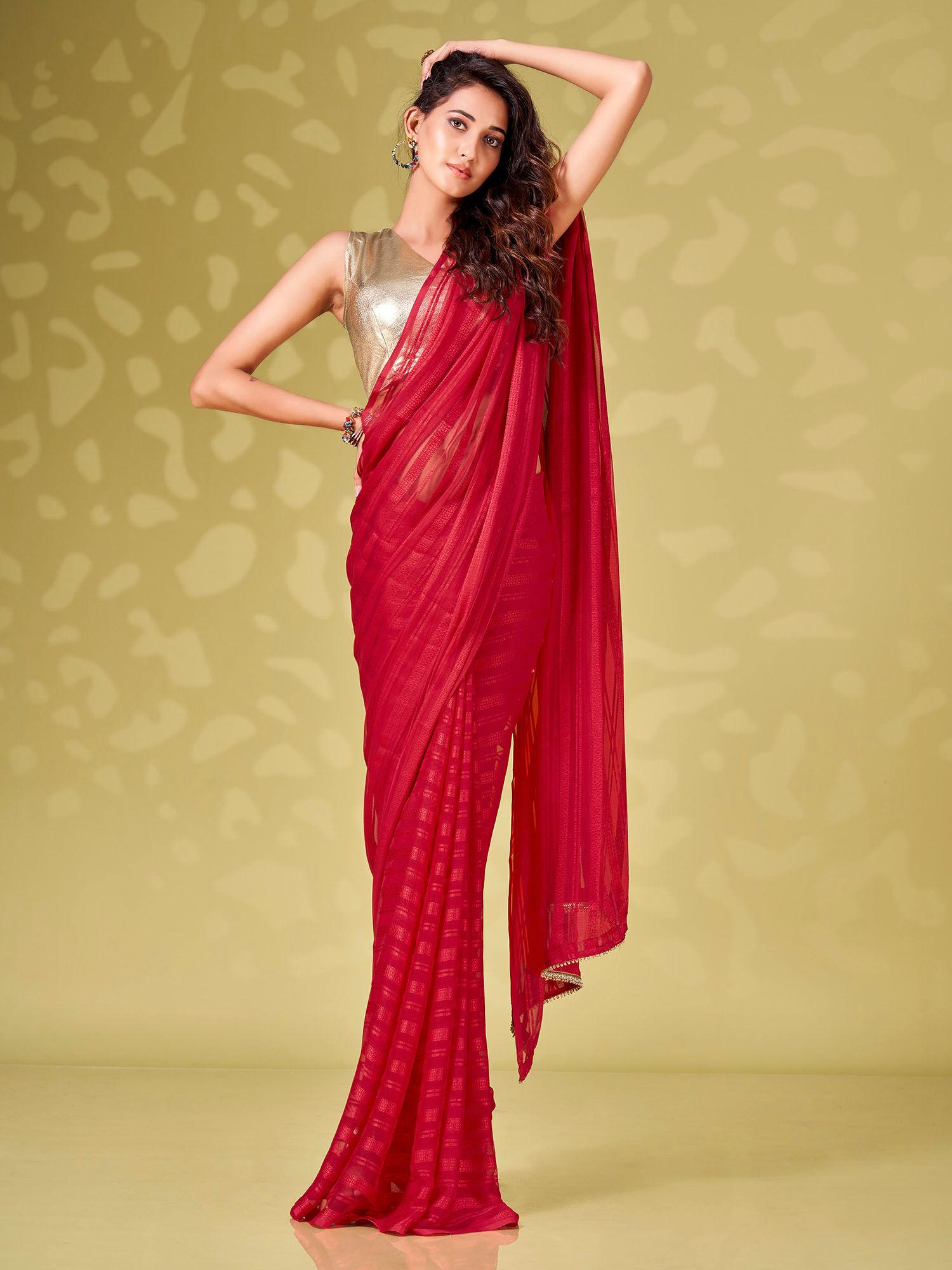 red colour polyester striped saree with stitched blouse