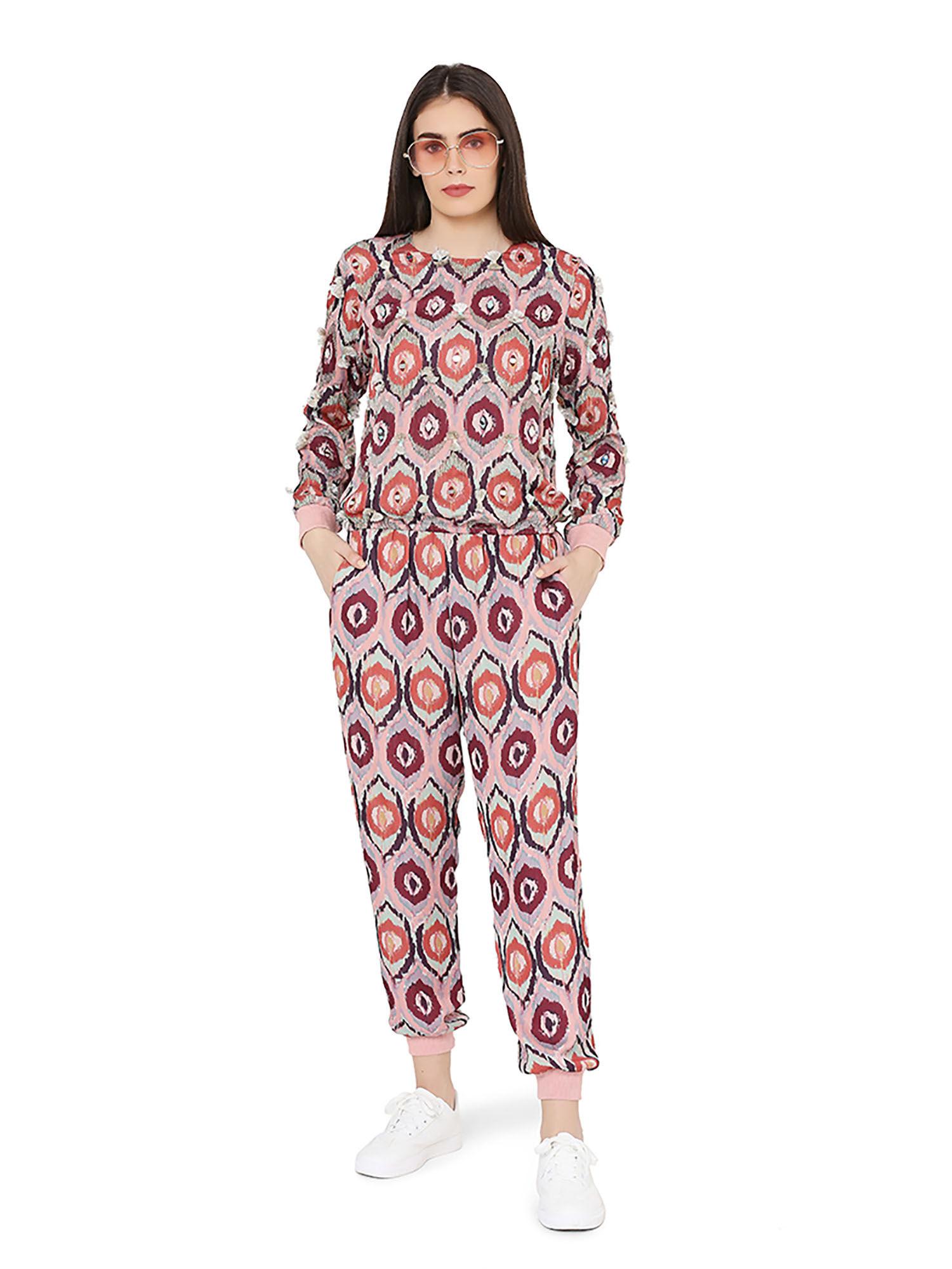 red colour printed art top with jogger pant (set of 2)