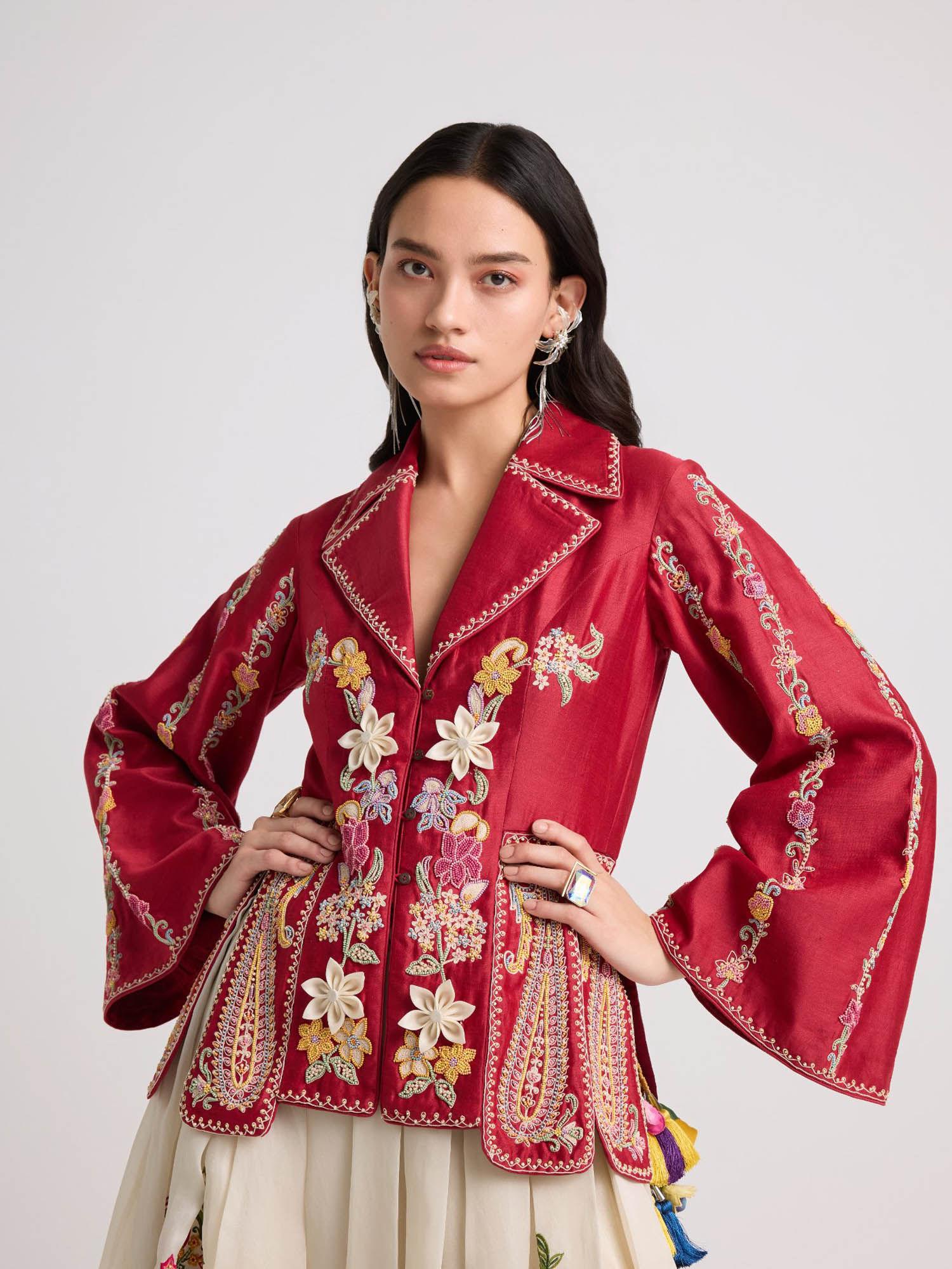 red contrast cordwork and beadwork panelled jacket