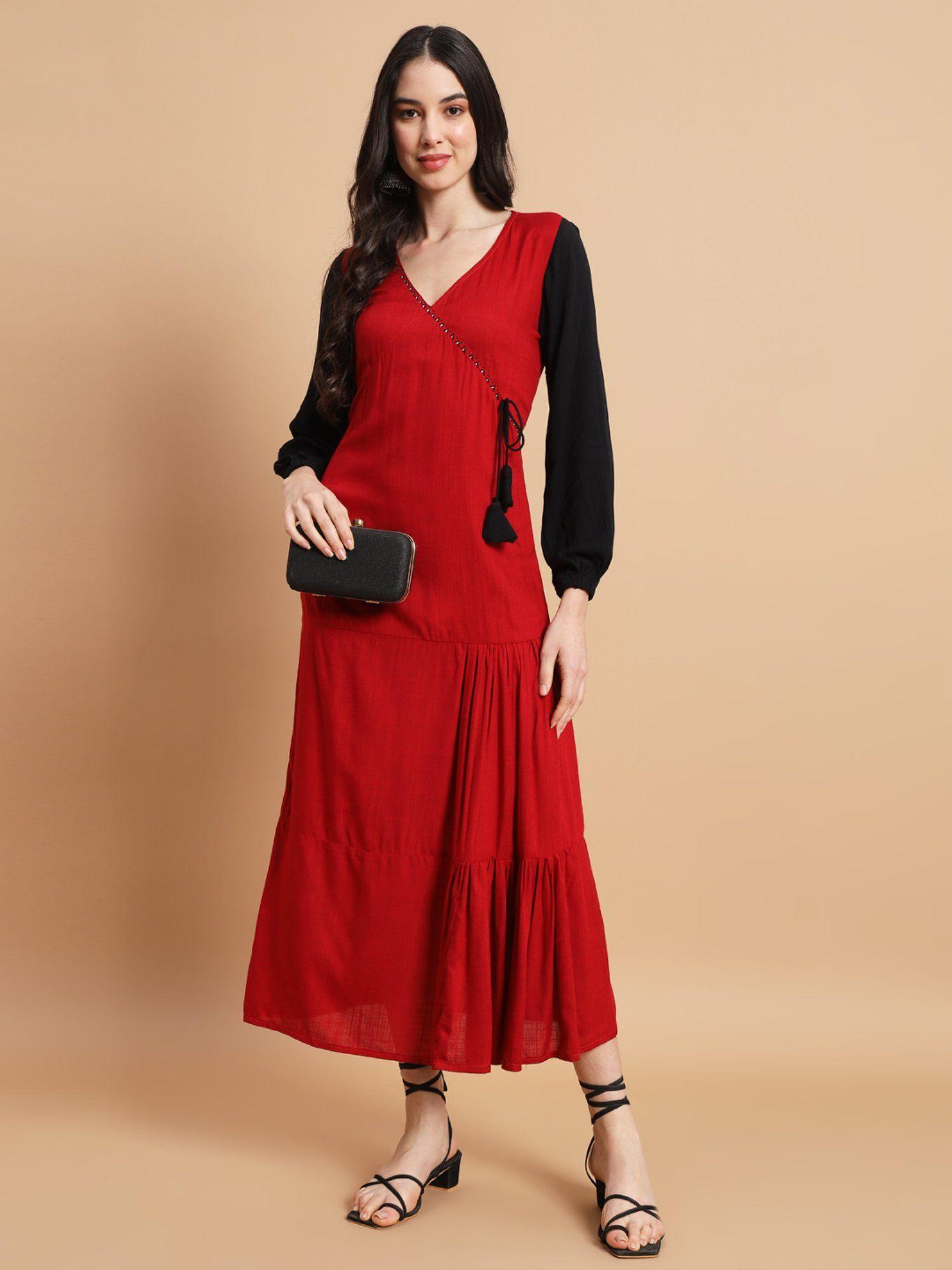 red contrast sleeve dress