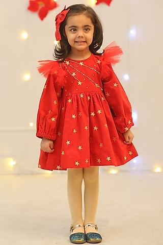red corduroy embroidered dress for girls