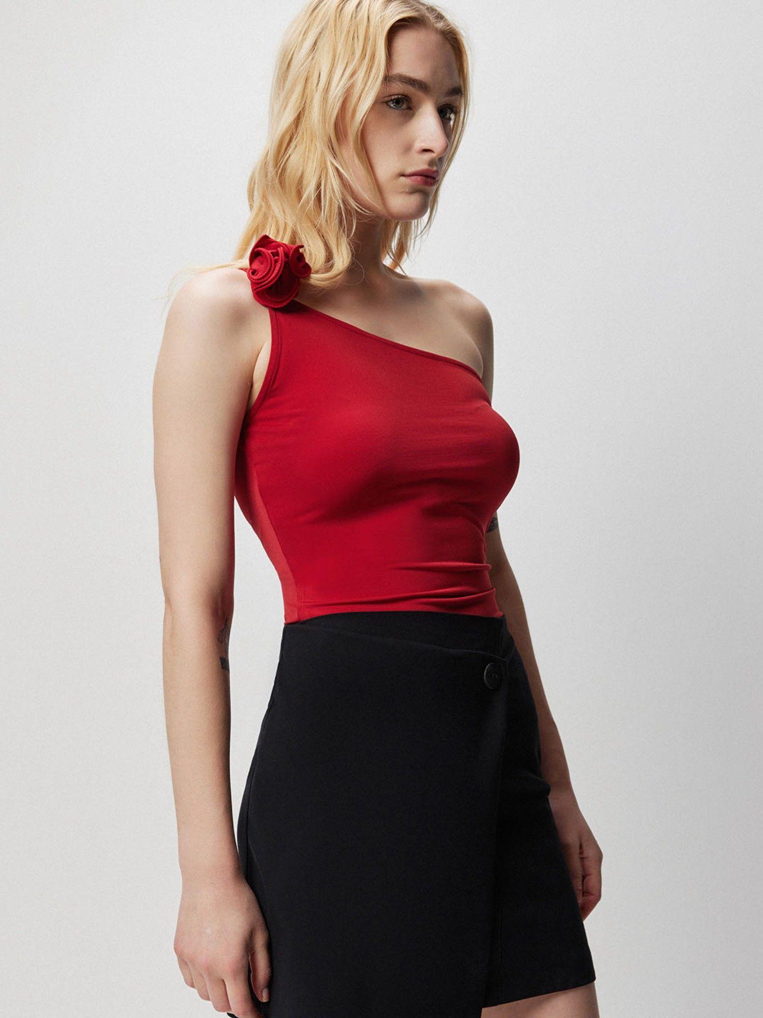 red corsage one shoulder top