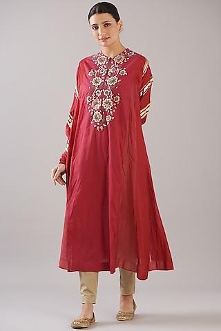 red cotton & chanderi hand embroidered kurta set