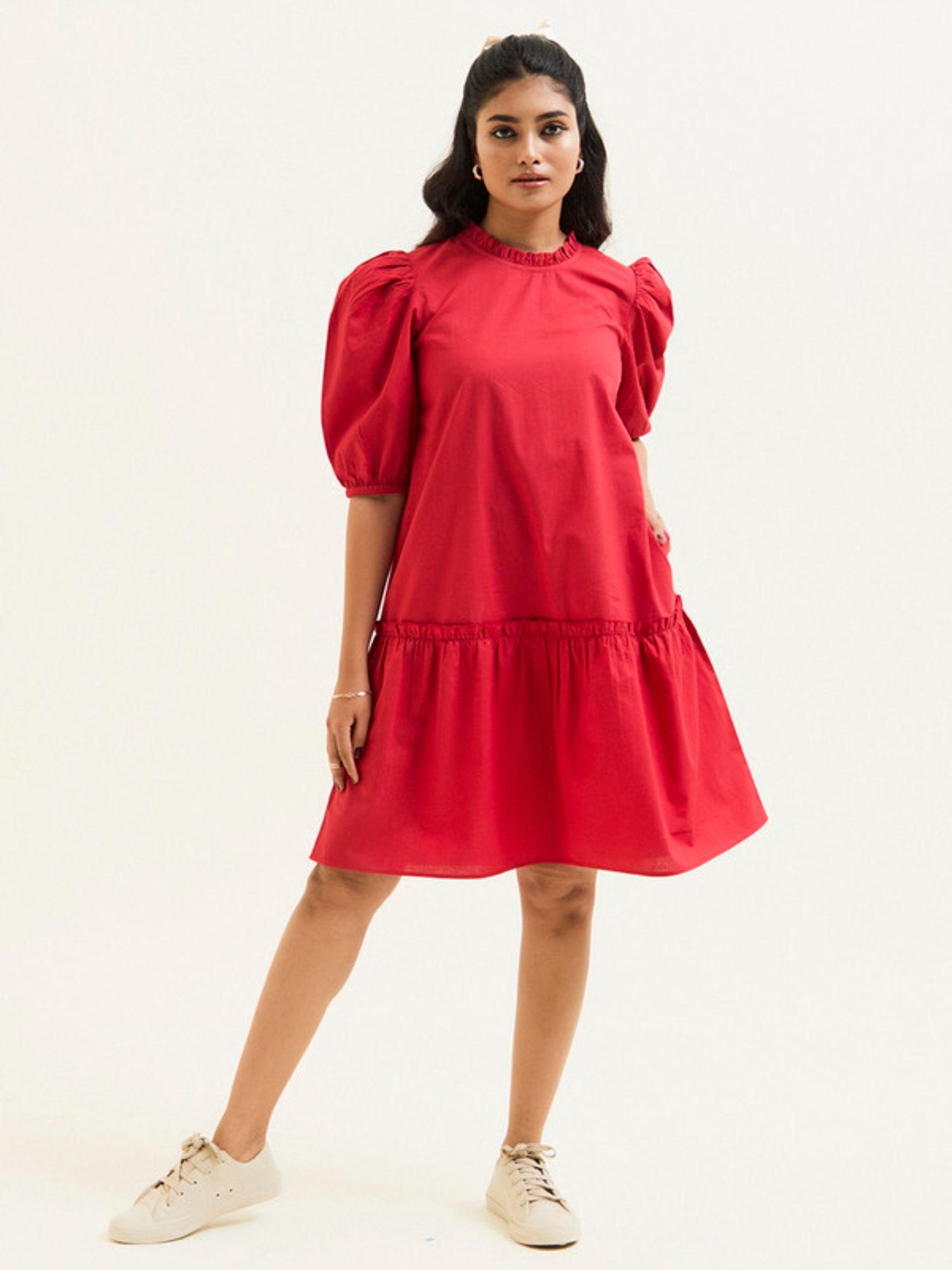 red cotton a-line short dress