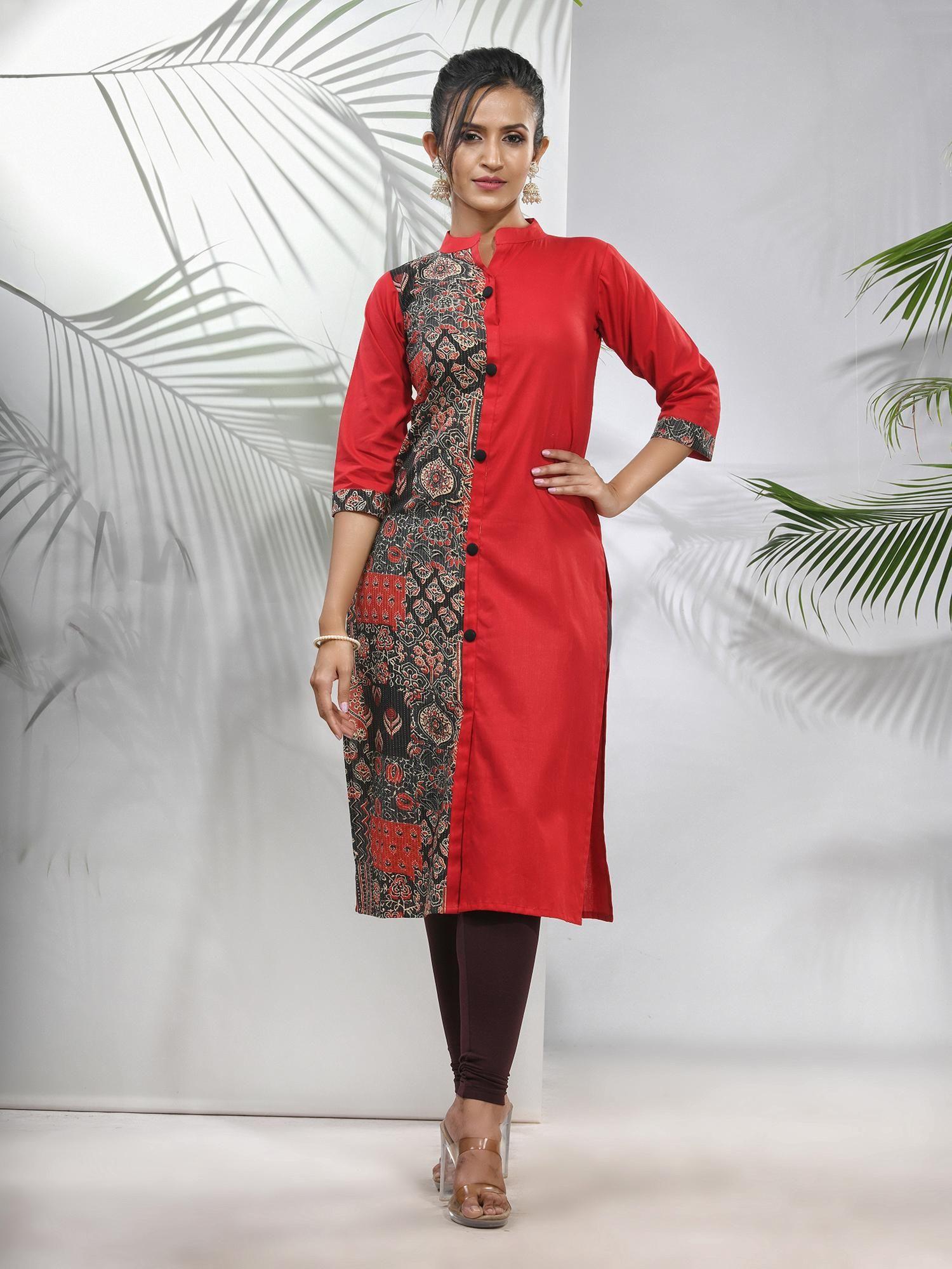 red cotton ajrak printed straight kurta