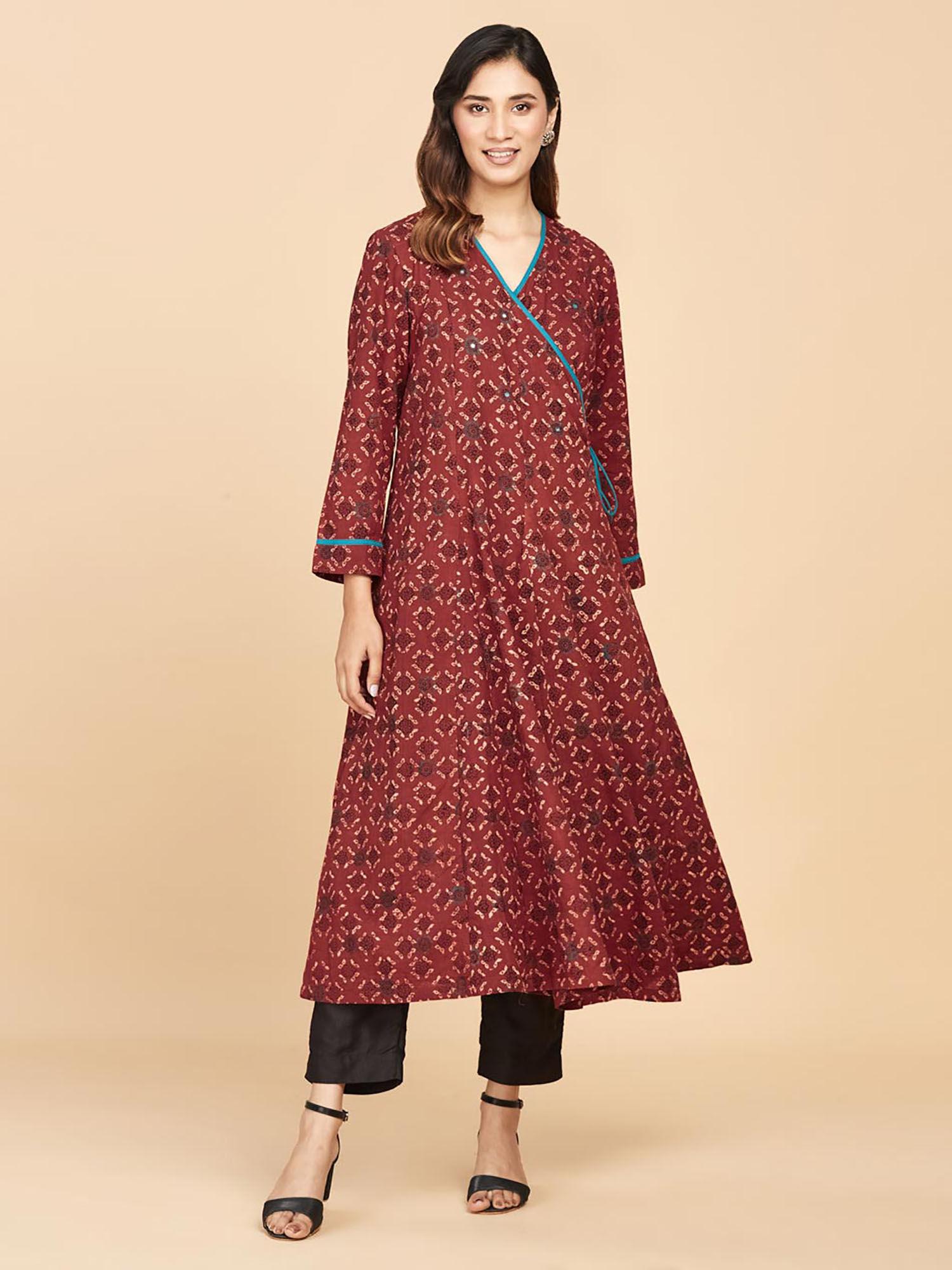 red cotton ajrakh printed long kurta