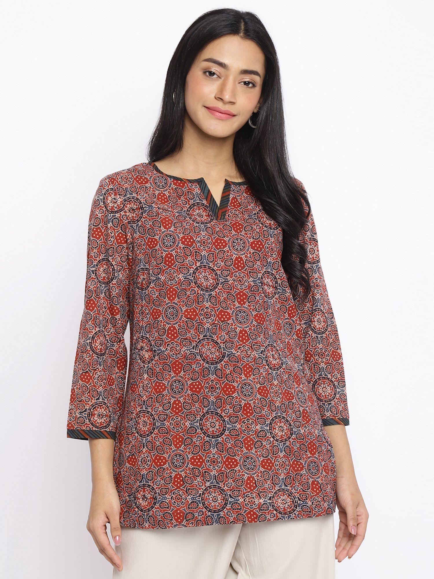 red cotton ajrakh printed slim fit short kurti