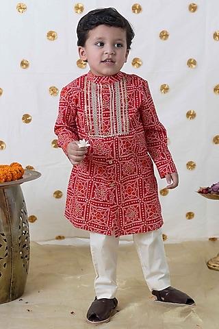 red cotton bandhani printed kurta set for boys
