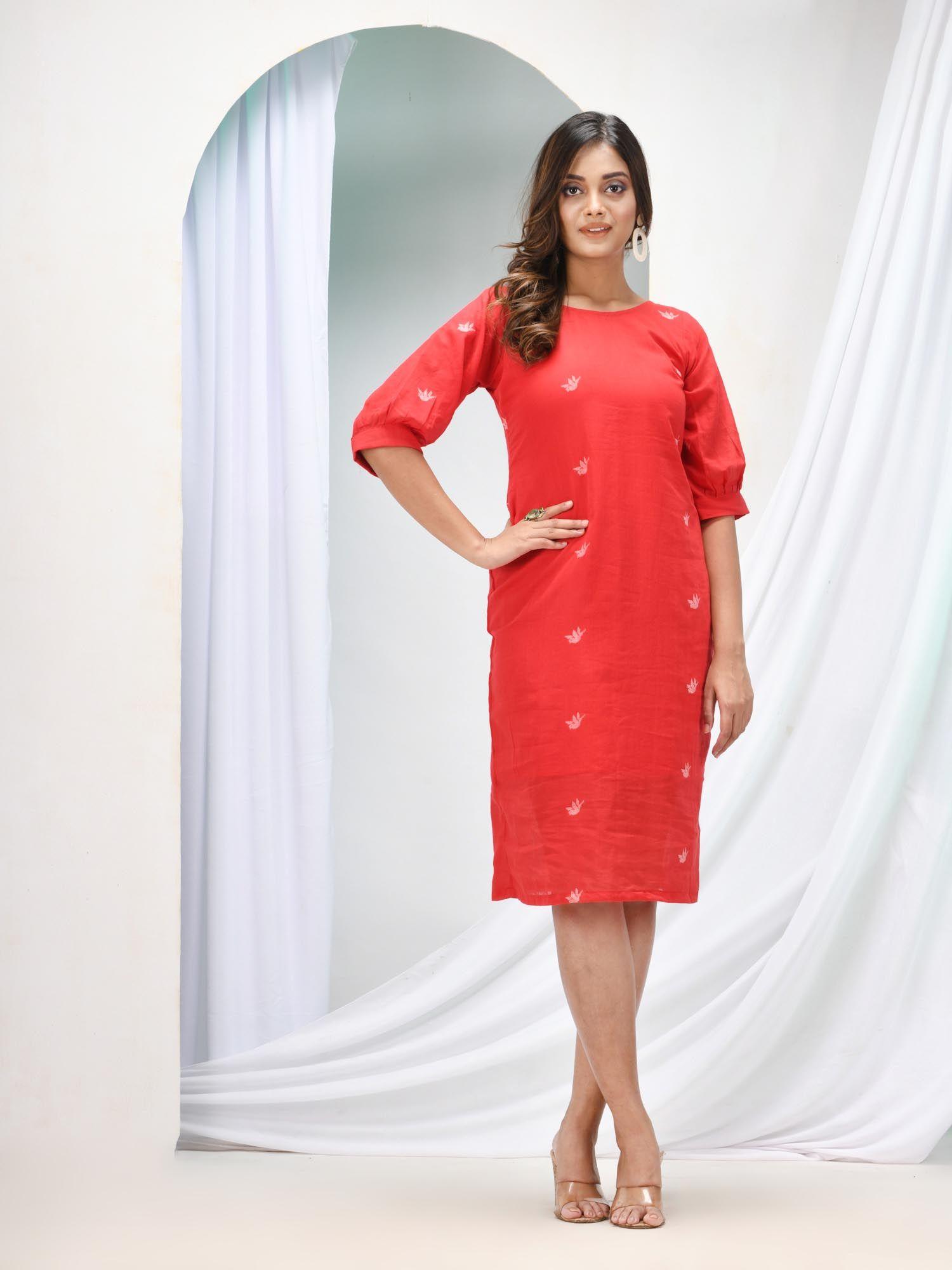 red cotton bengal handwoven one piece dress