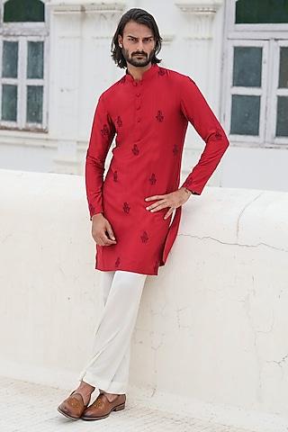 red cotton blend embroidered kurta set
