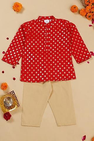 red cotton blend foil printed kurta set for boys