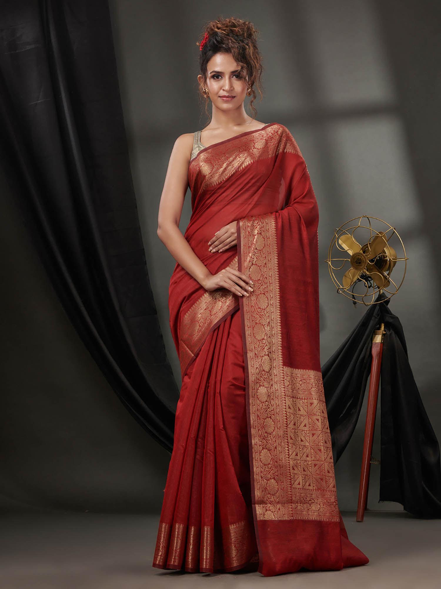 red cotton blend handwoven saree with zari borders & unstitched blouse