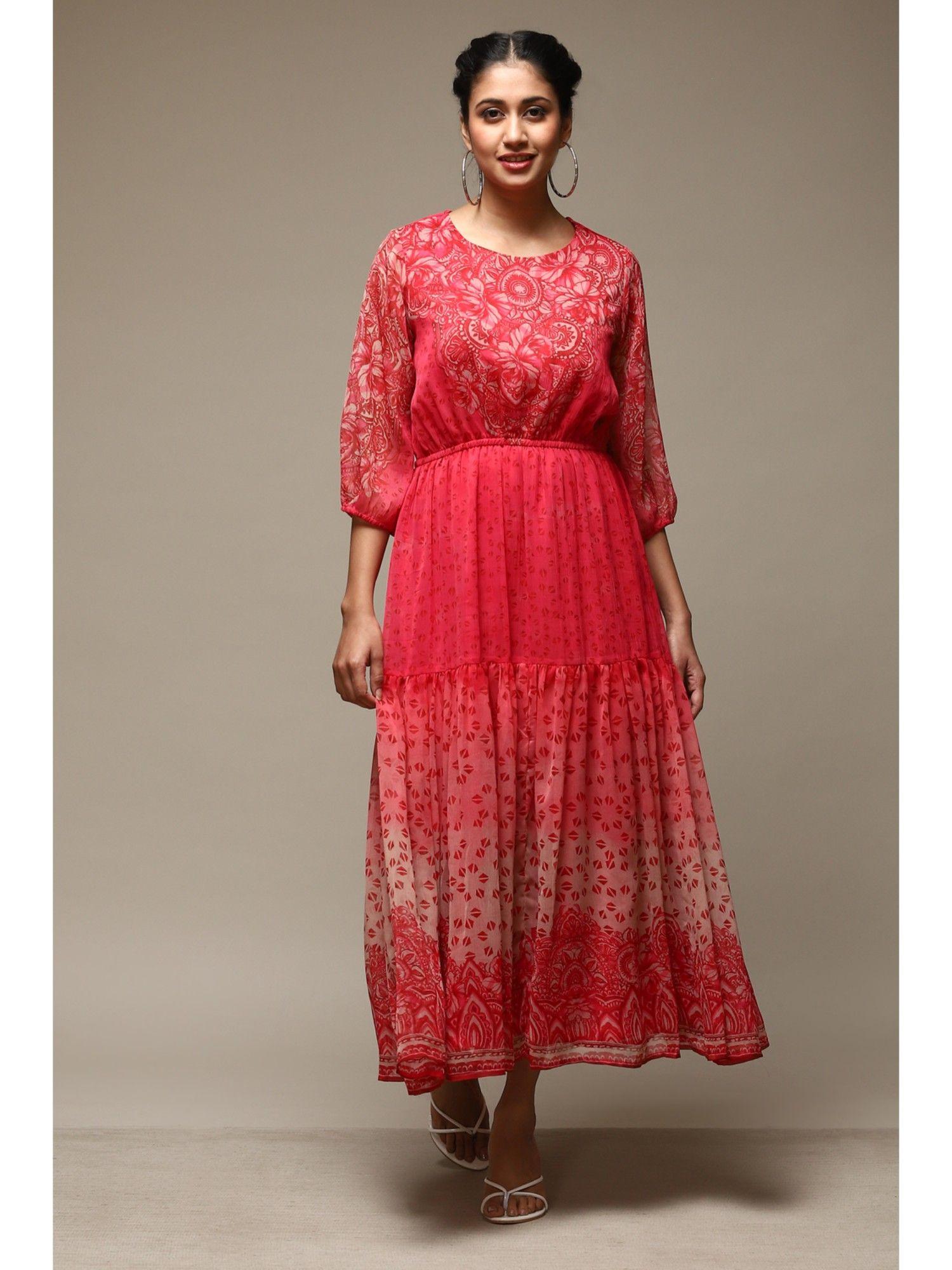 red cotton blend tiered printed dress