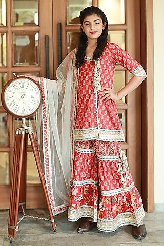 red cotton block printed sharara set for girls