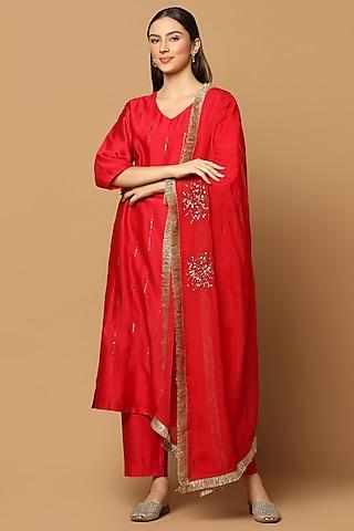 red cotton chanderi embroidered kurta set