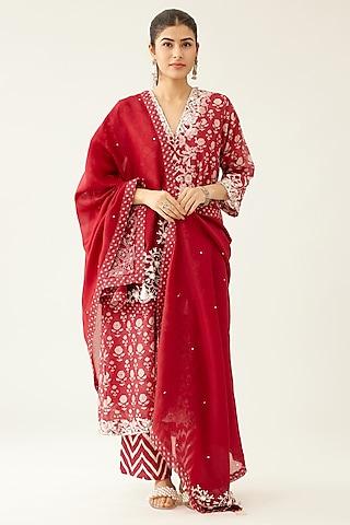 red cotton chanderi printed kurta set