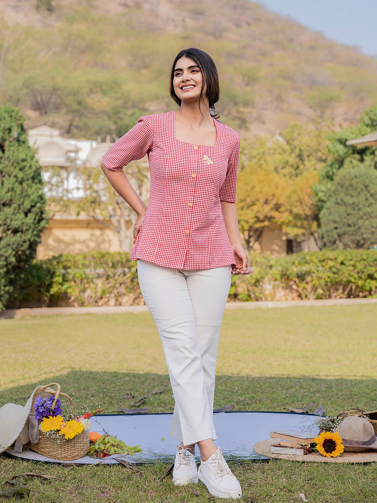 red cotton checks printed top with embroidery