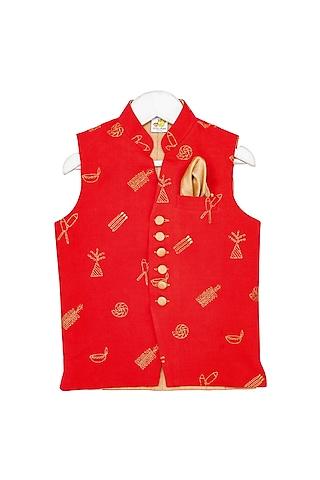red cotton cotton embroidered nehru jacket for boys