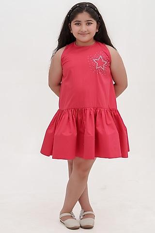 red cotton embellished shirt dress for girls