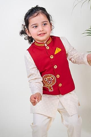 red cotton embroidered bundi jacket for boys