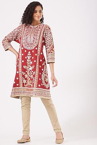 red cotton embroidered kurta set
