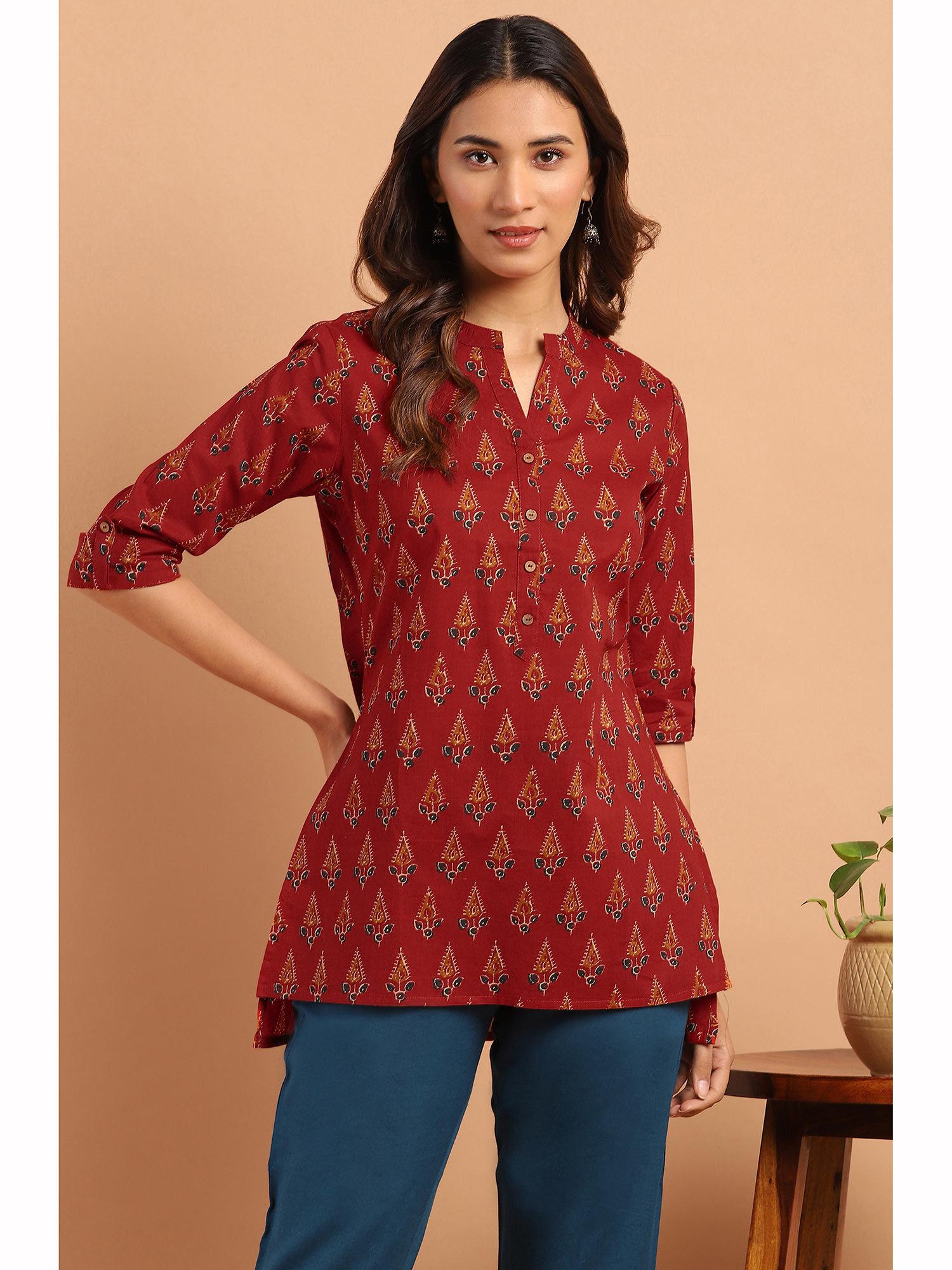 red cotton ethnic motifs straight tunic