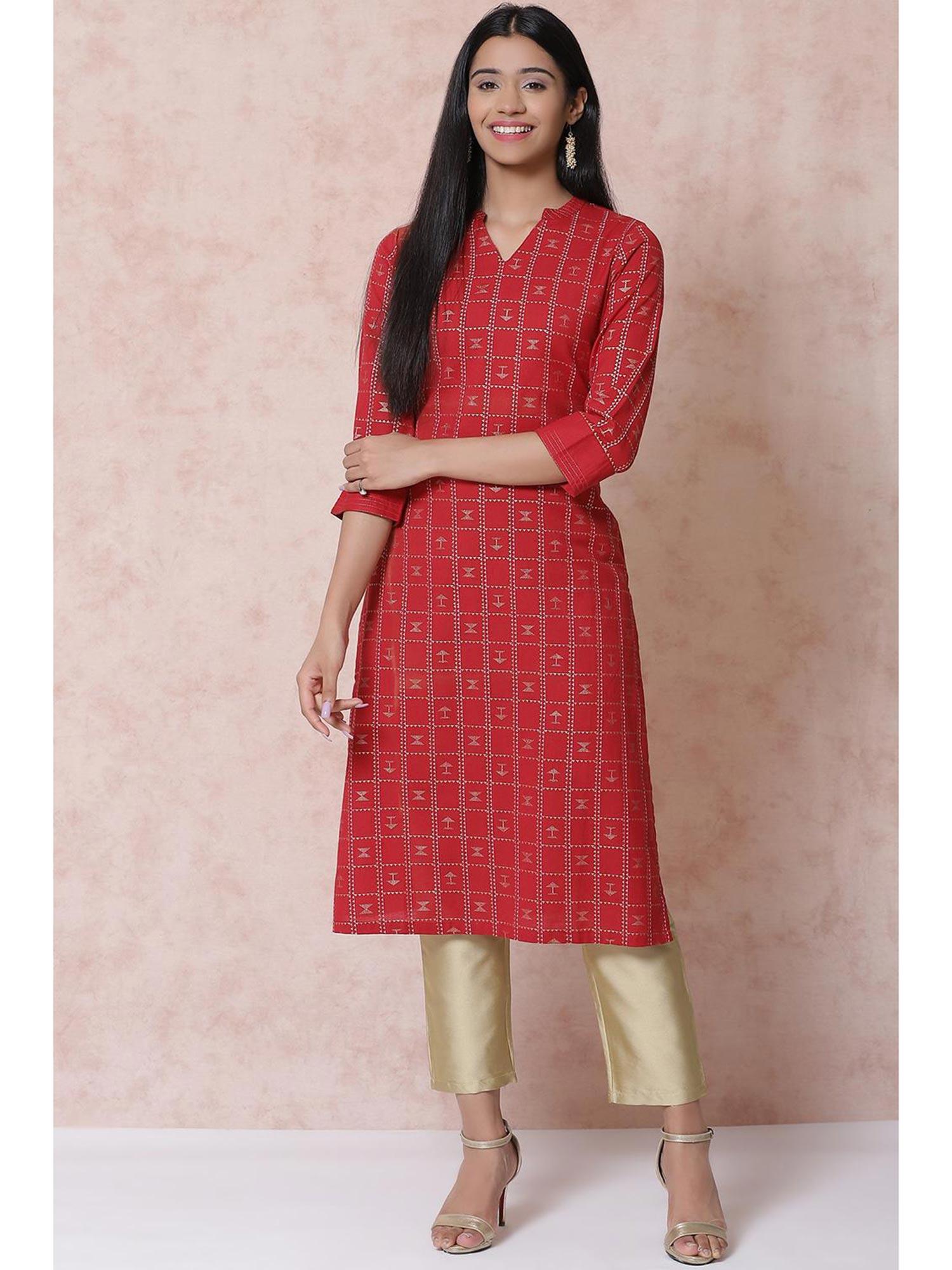 red cotton flax straight kurta