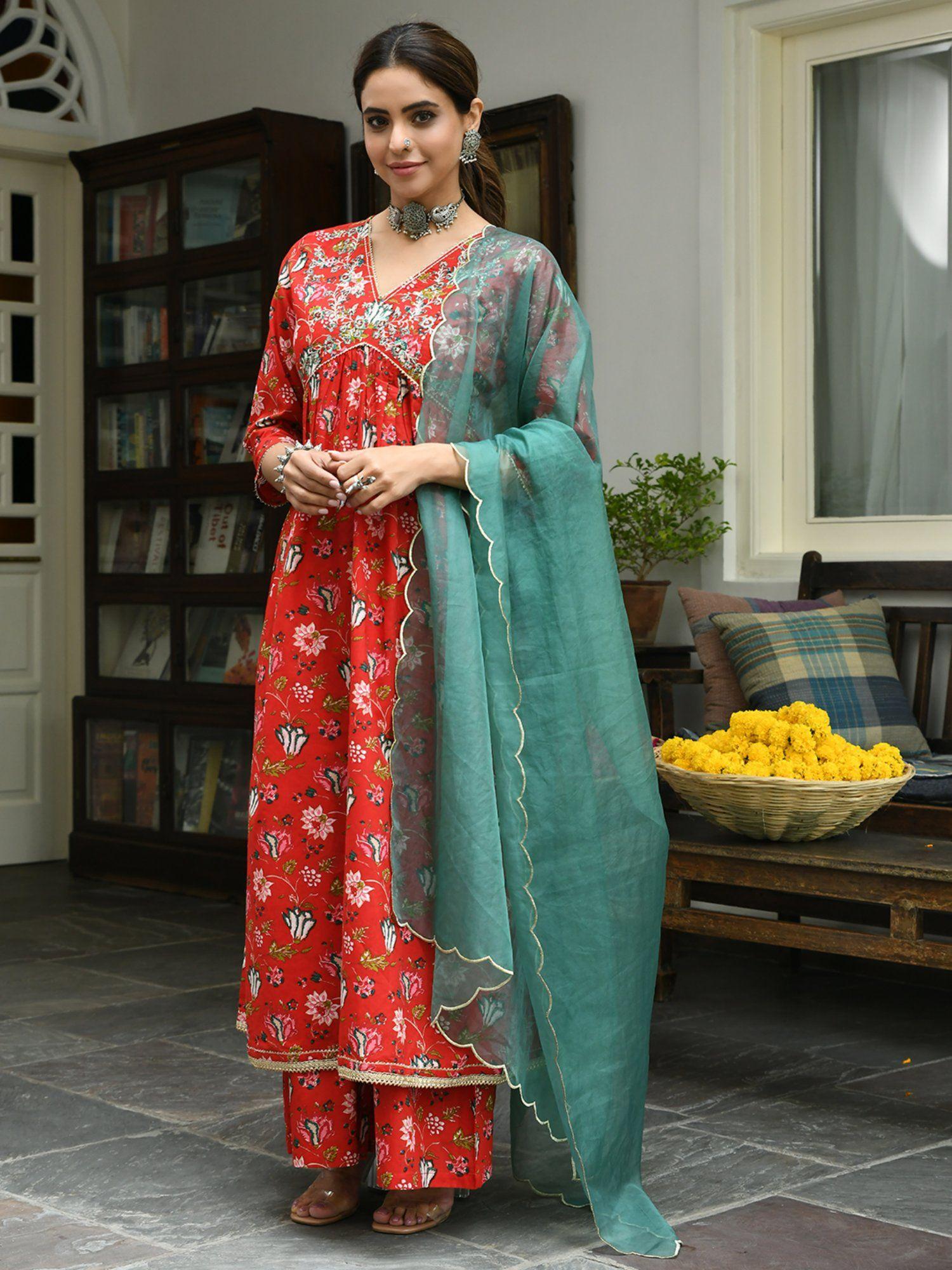 red cotton floral block print kurta with palazzo and dupatta