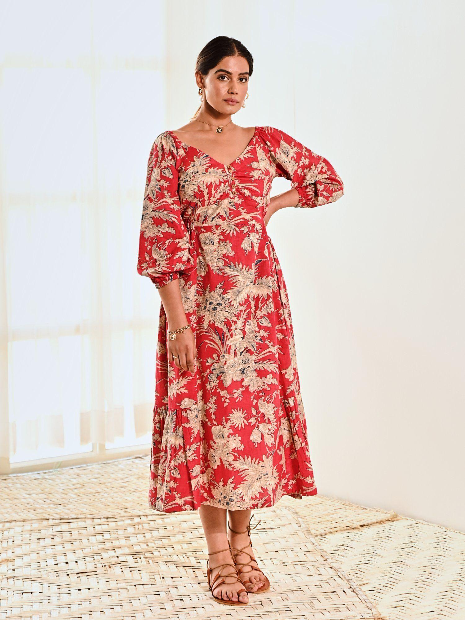 red cotton floral print a line midi dress
