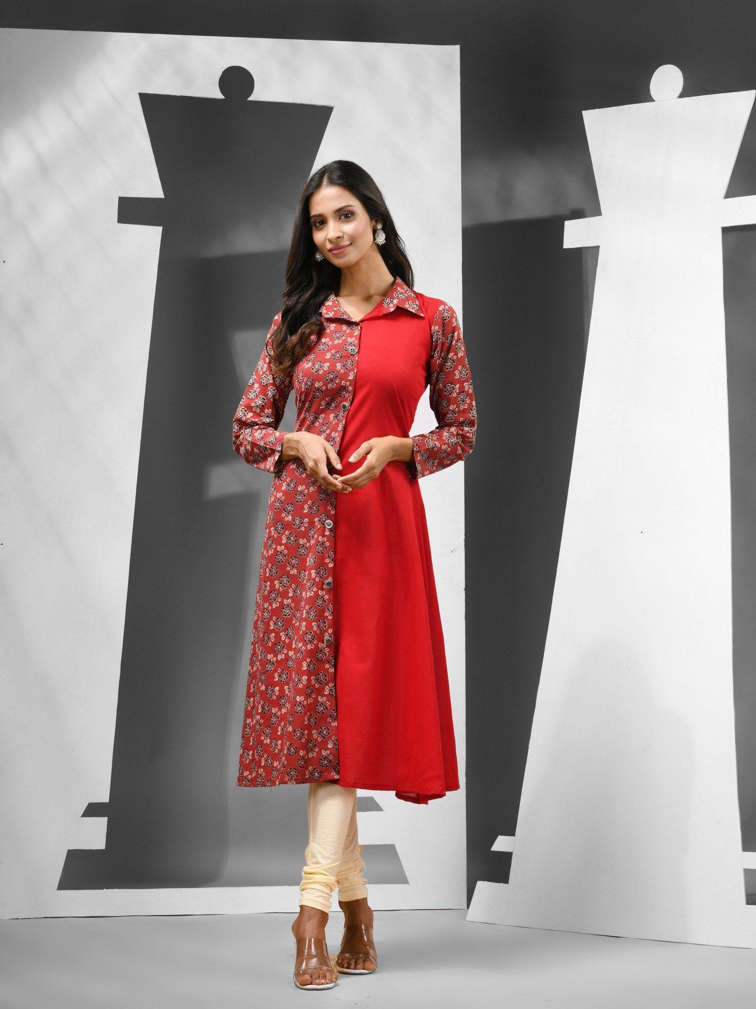 red cotton floral printed a-line kurta