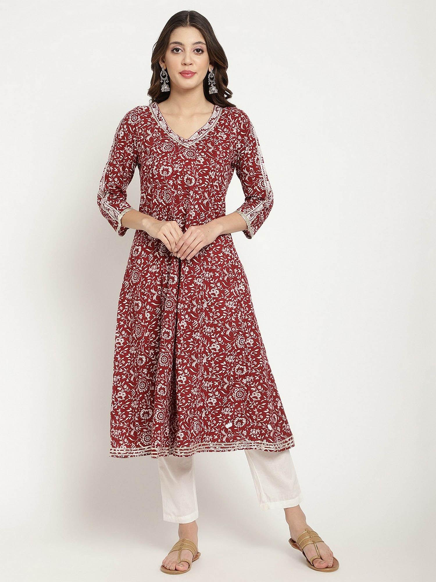 red cotton floral printed anarkali kurta