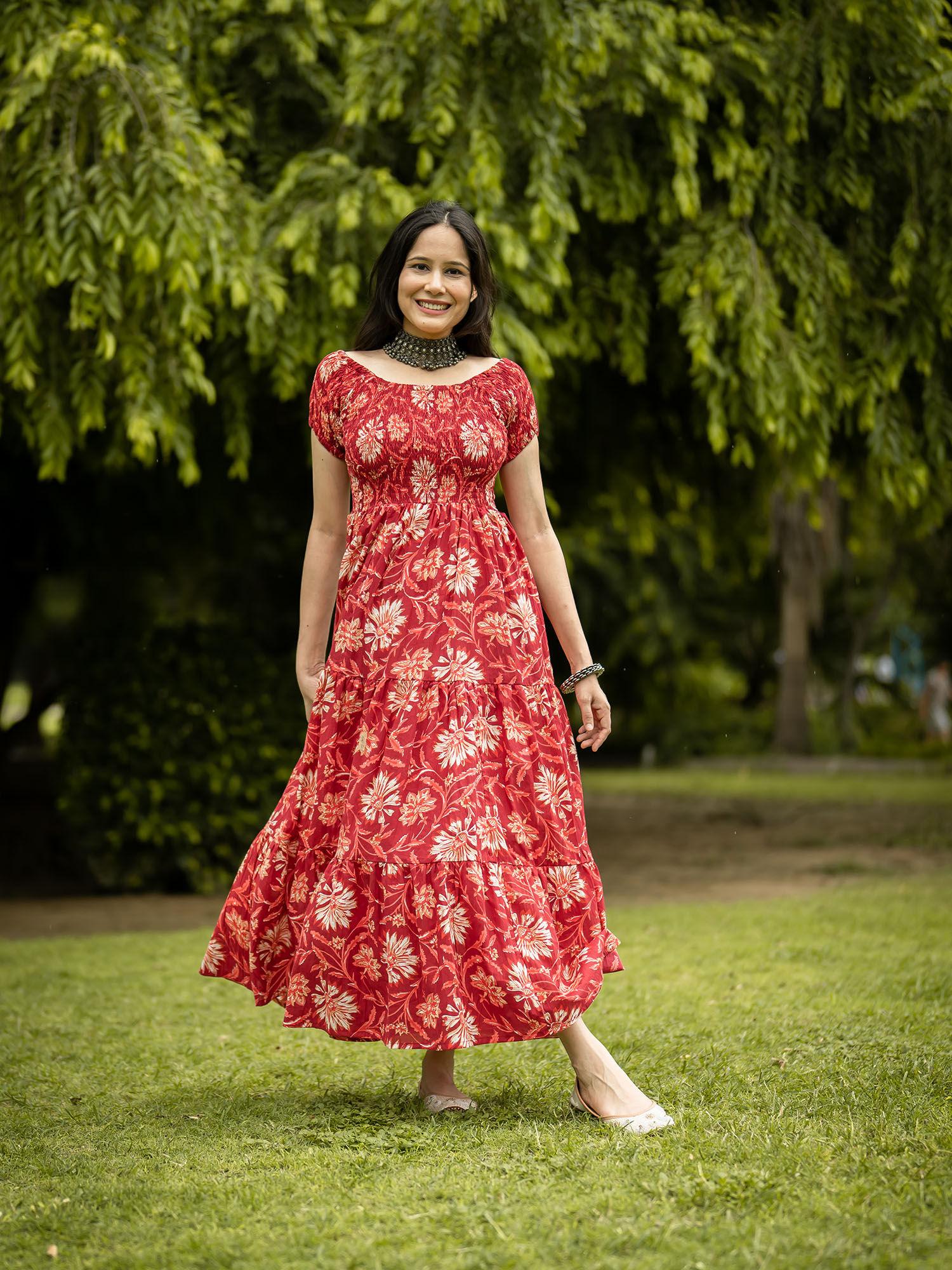 red cotton floral printed tiered maxi dress