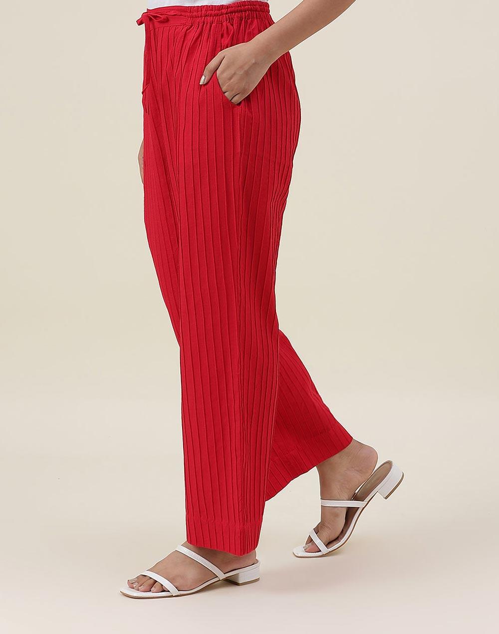 red cotton full length casual pant