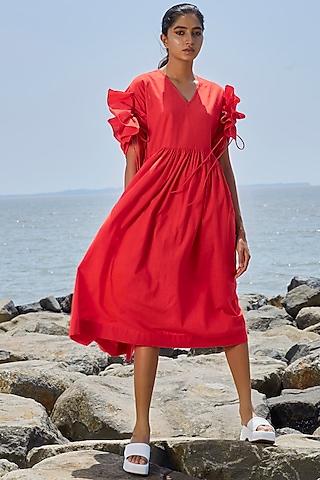 red cotton gathered dress