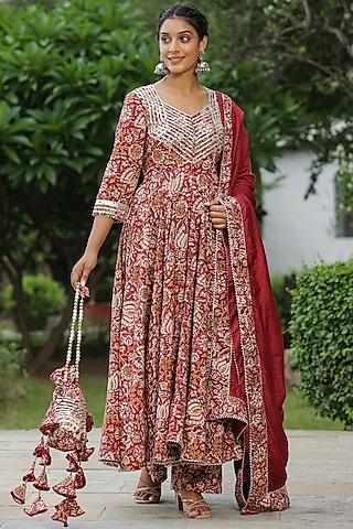 red cotton gota embroidered anarkali set