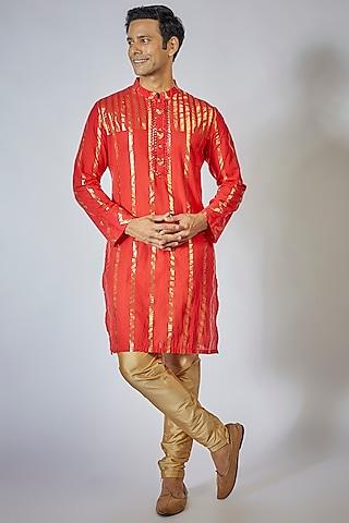 red cotton gota striped kurta set