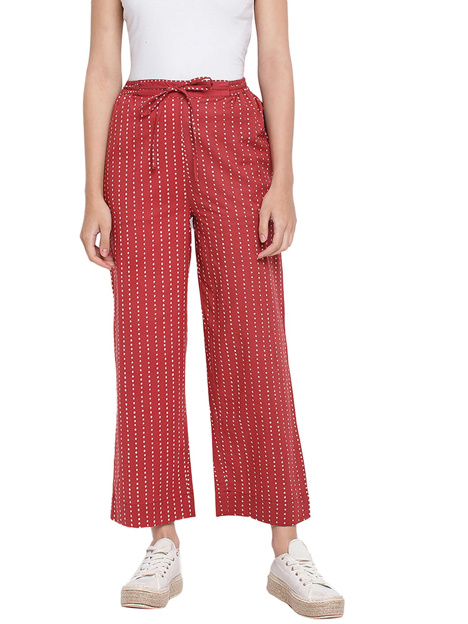 red cotton hand block printed casual pant