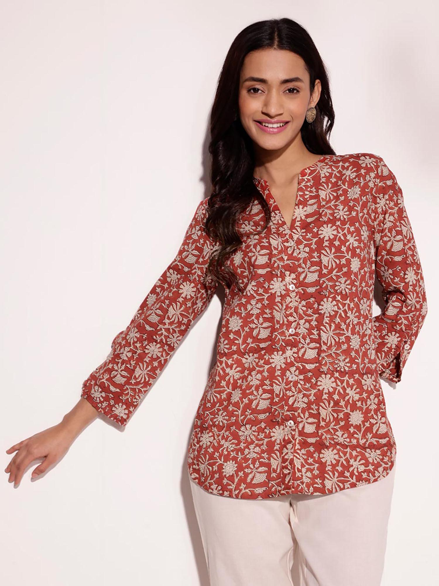 red cotton hand block printed shirt