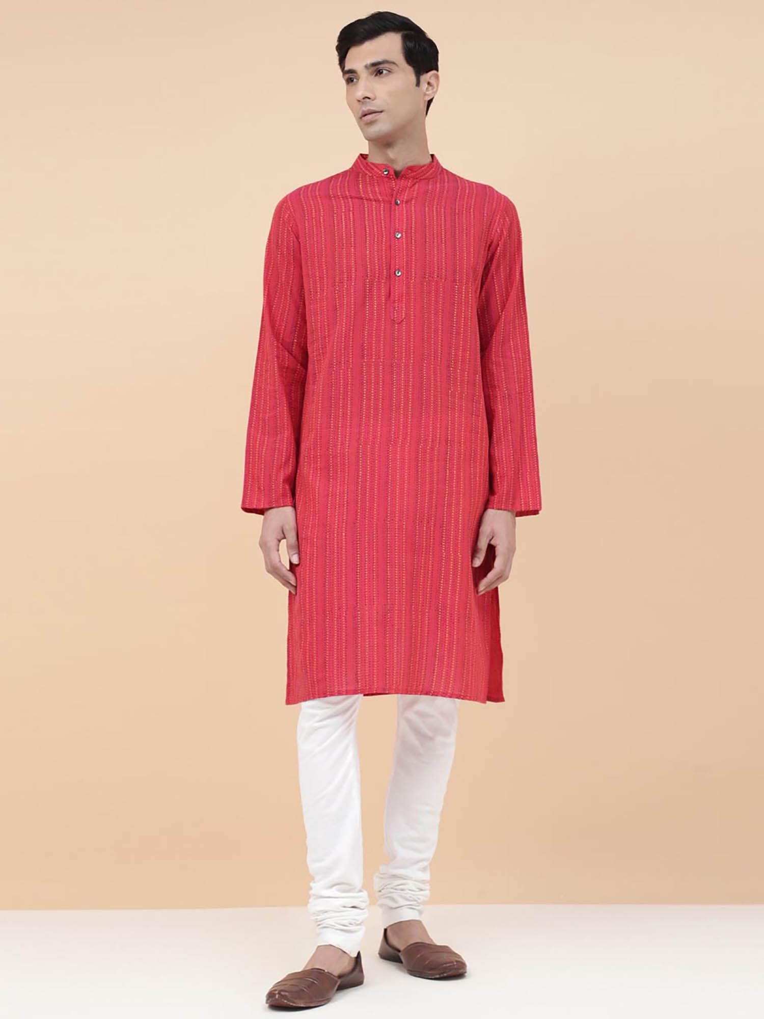 red cotton hand block printed slim fit long kurta