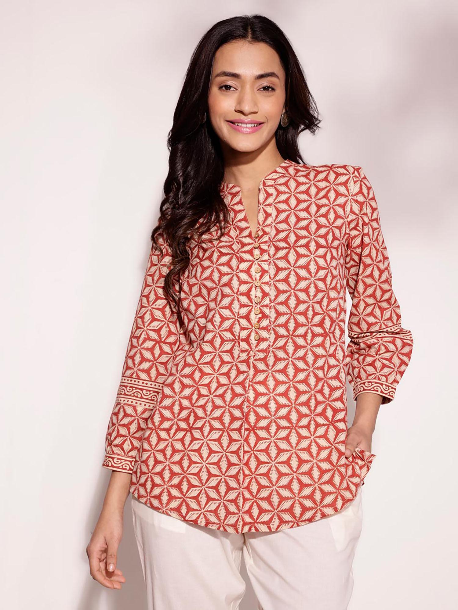 red cotton hand block printed tunic