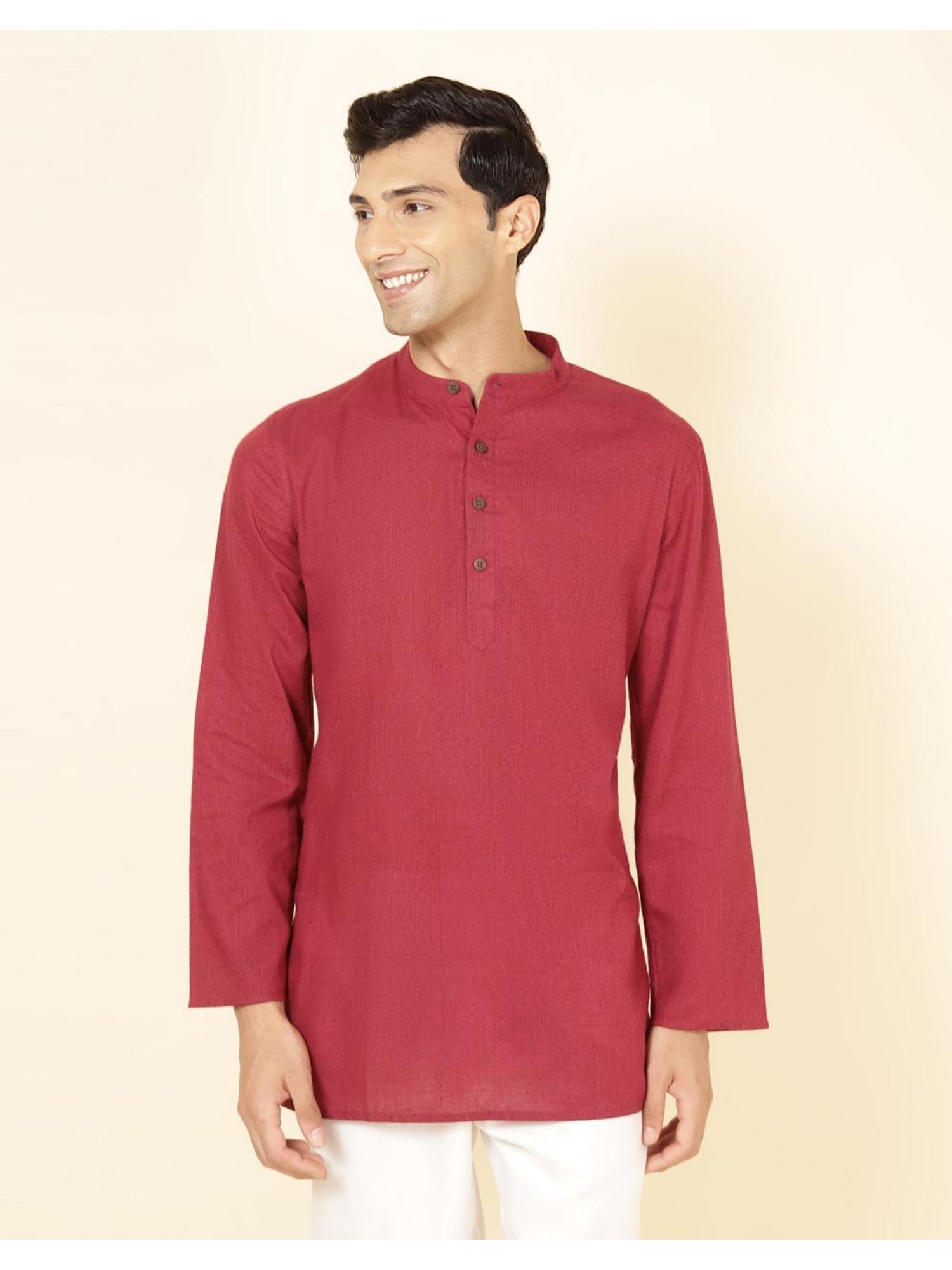 red cotton hand block short kurta