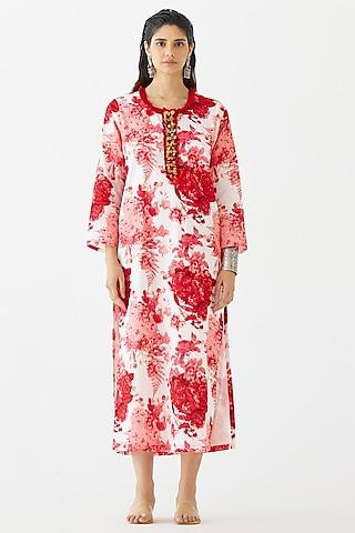red cotton hand embroidered & chintz printed kurta dress